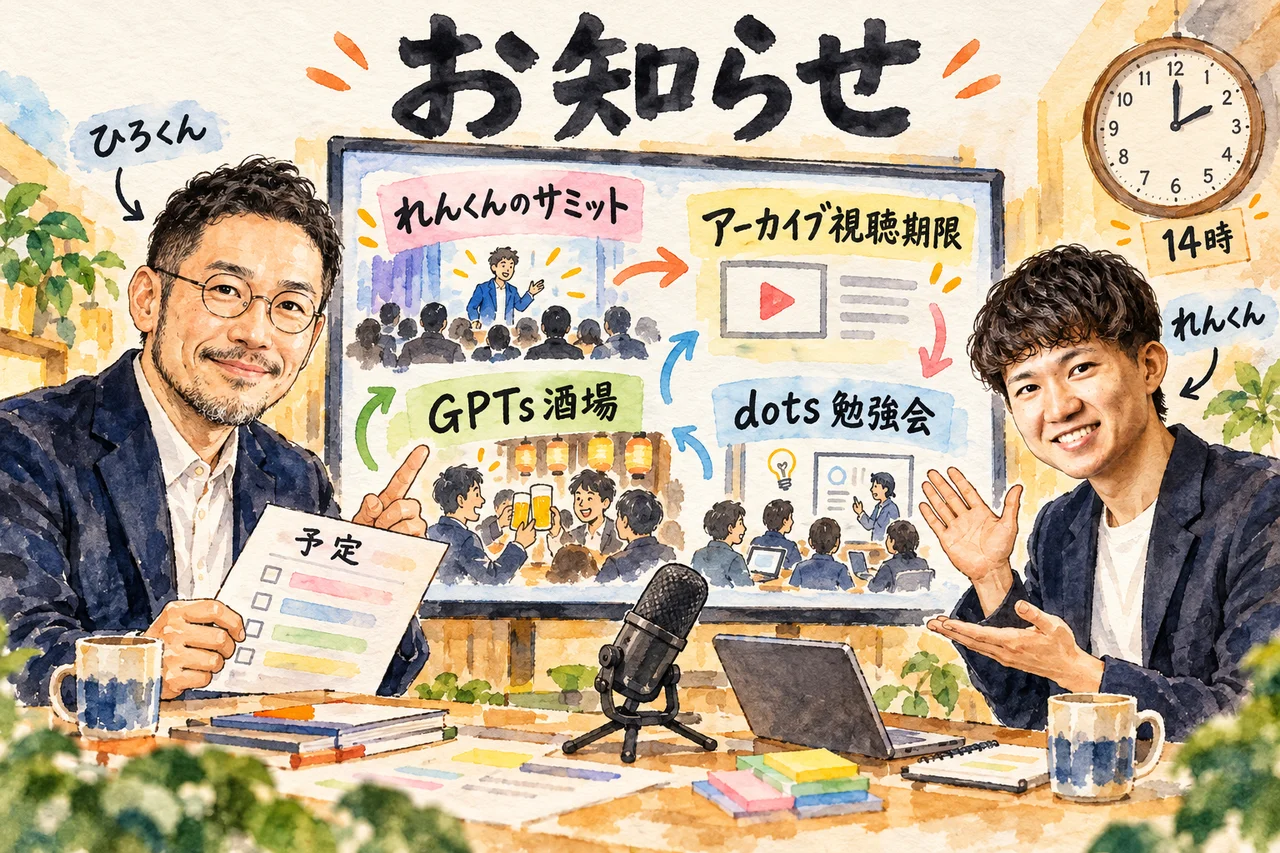 告知｜れんくんのサミット、アーカイブ視聴期限、GPTs酒場、dots勉強会を案内する場面