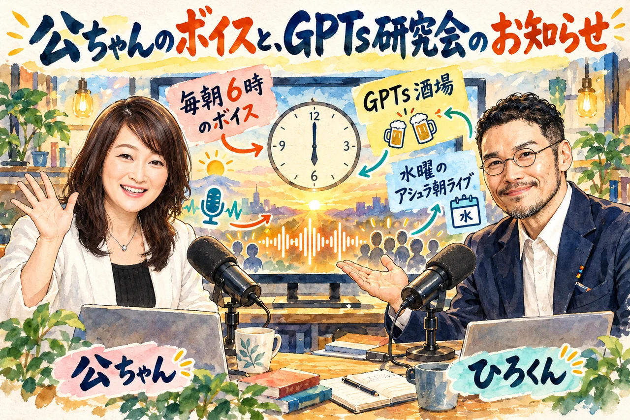 公ちゃんのボイスとGPTs研究会のお知らせ｜毎朝6時のボイスと、GPTs酒場や水曜の朝ライブを二人が笑顔で伝える場面