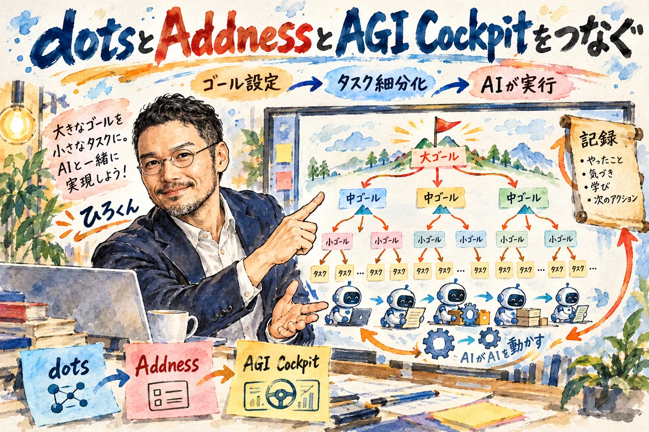 dotsとAddnessとAGI Cockpitをつなぐ｜ひろくんが、ゴールの旗から小さなタスクへ分かれる図を示す場面