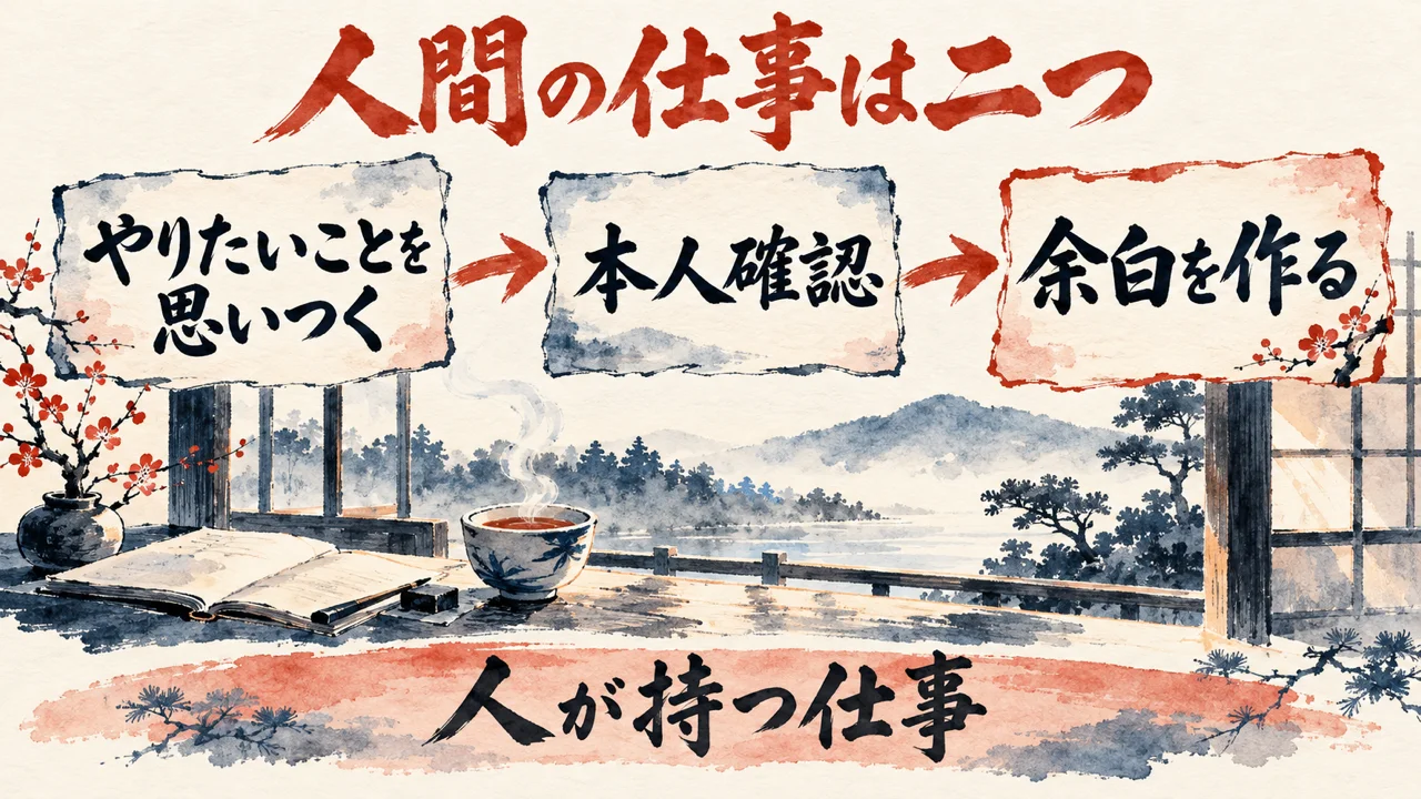 「人間の仕事は二つ」の図解。「やりたいことを思いつく」「本人確認」「余白を作る」の三つの札が矢印で並び、下の帯に「人が持つ仕事」