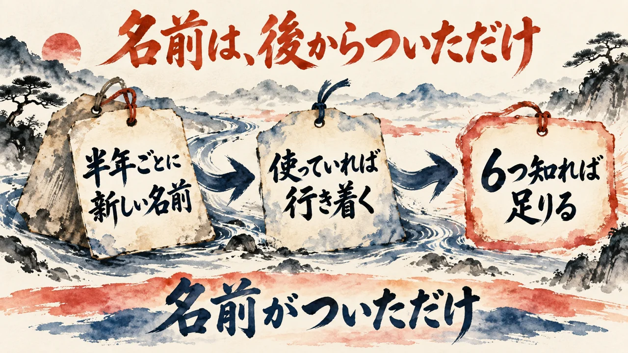 名前は後からついただけ、という図解。半年ごとに新しい名前が付いても、使っていれば行き着く使い方で、6つ知れば足りる、という3つの札