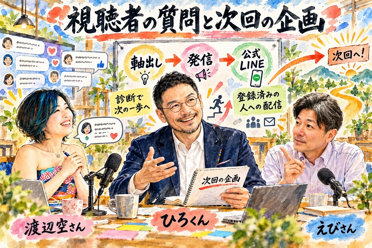 視聴者の質問に答え、軸出しから発信、公式LINEへ進む次回の企画を、3人で話し合うグラレコ
