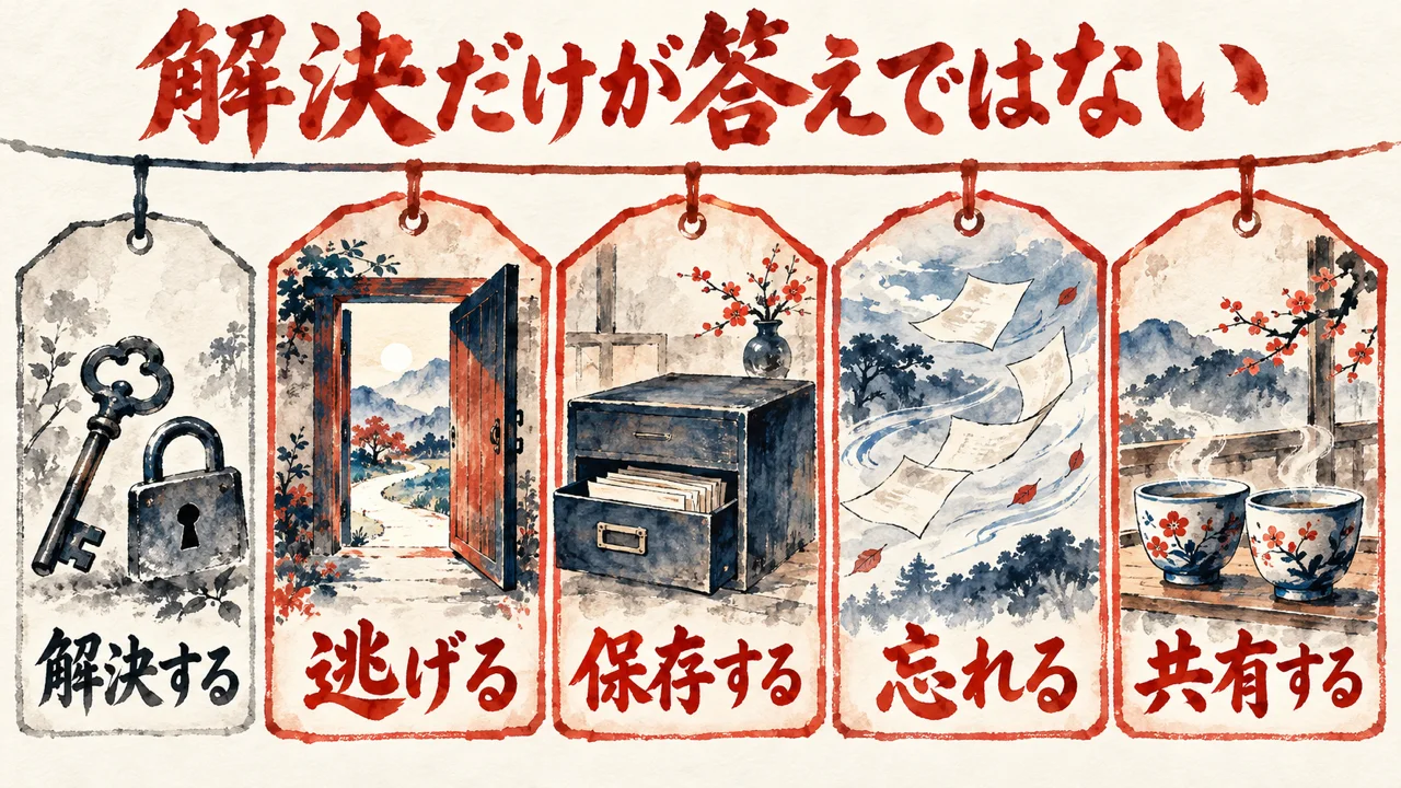 解決する、逃げる、保存する、忘れる、共有するの五枚の札が横一列に並び、解決する以外の札が大きく描かれた図解