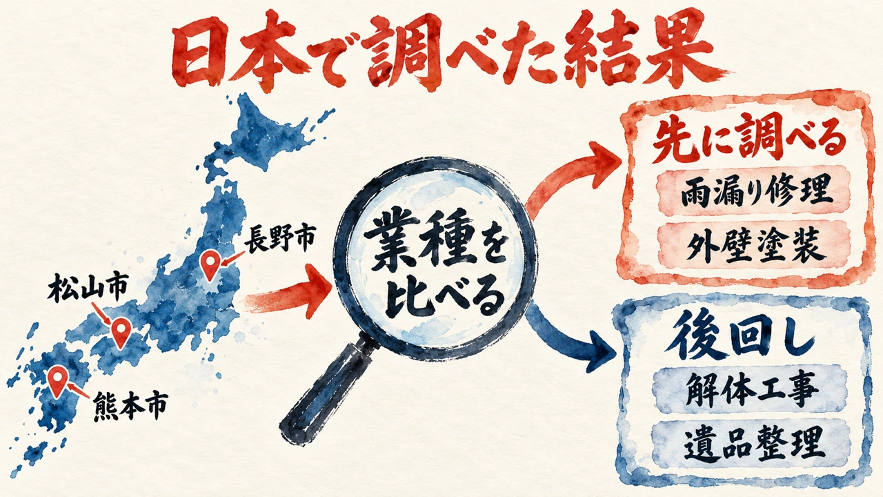 日本の地図の熊本市・松山市・長野市から、業種を比べる虫眼鏡を通り、先に調べる雨漏り修理と外壁塗装、後回しの解体工事と遺品整理に分かれる図解