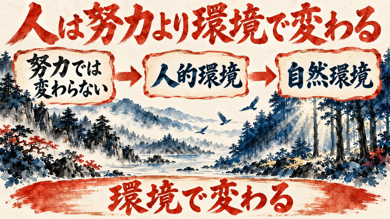 図解。努力では変わらない、人的環境、自然環境、の三つの札に、森と鳥の水彩画が描かれ、下の帯に環境で変わるの文字。見出しは人は努力より環境で変わる