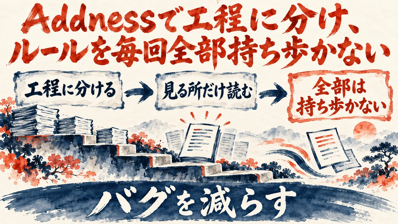 図解。工程に分ける、見る所だけ読む、全部は持ち歩かない、の三つの札に、階段の水彩画が描かれている。見出しはAddnessで工程に分け、ルールを毎回全部持ち歩かない