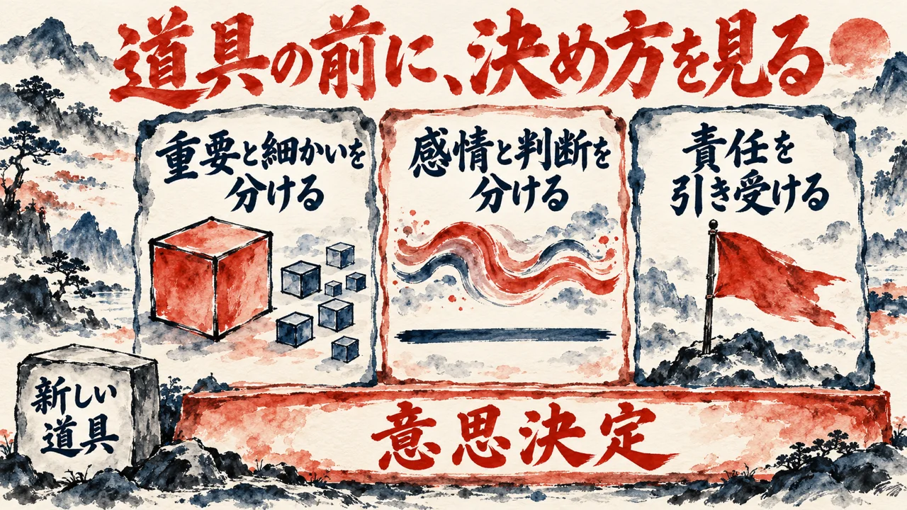 重要と細かいを分ける、感情と判断を分ける、責任を引き受ける、の三枚の札を意思決定の土台に載せた図解