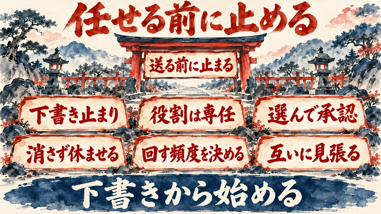 送る前に止まる関所の門の下に、下書き止まりなど六つの決まりの札を並べ、土台に下書きから始めると書いた図解