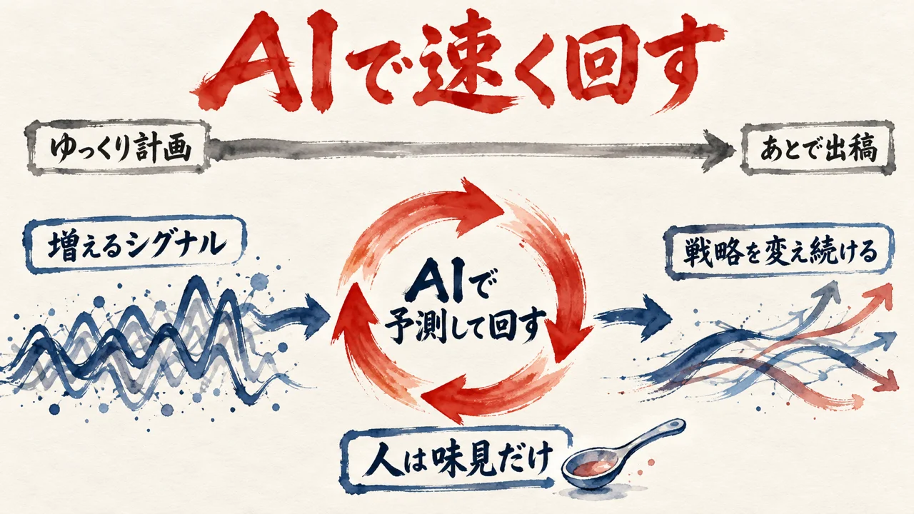ゆっくり計画してあとで出稿する細い帯と、増えるシグナルをAIで予測して回す朱色の環、人は味見だけの札を上下に並べた図解