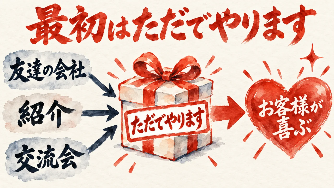 友達の会社、紹介、交流会の三つの入口から、ただでやります、の贈り物の箱を通って、お客様が喜ぶハートに進む図解