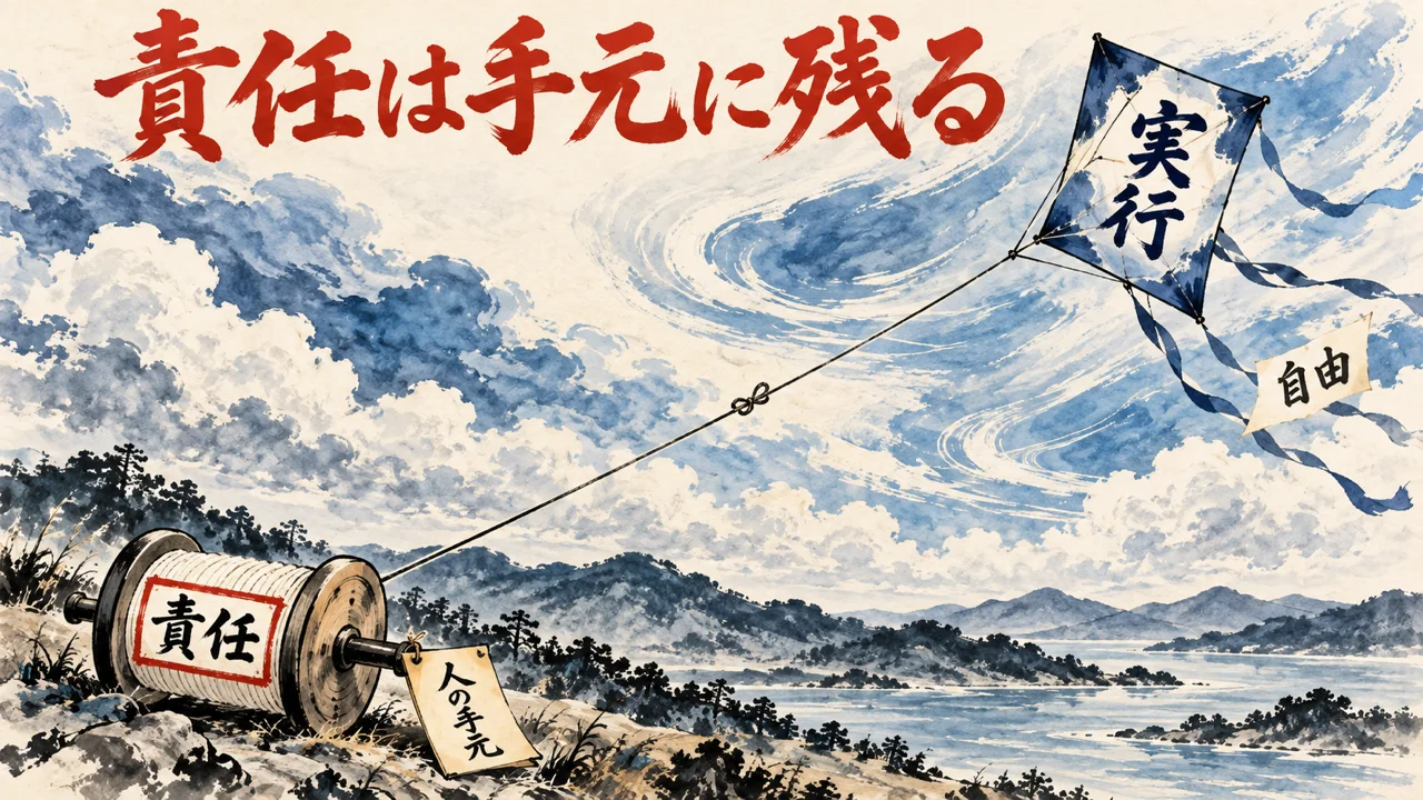 右上の空に実行の凧が舞い、長い糸が左下の責任の糸巻きにつながる。糸巻きの横に人の手元、凧のそばに自由の札を置いた図解