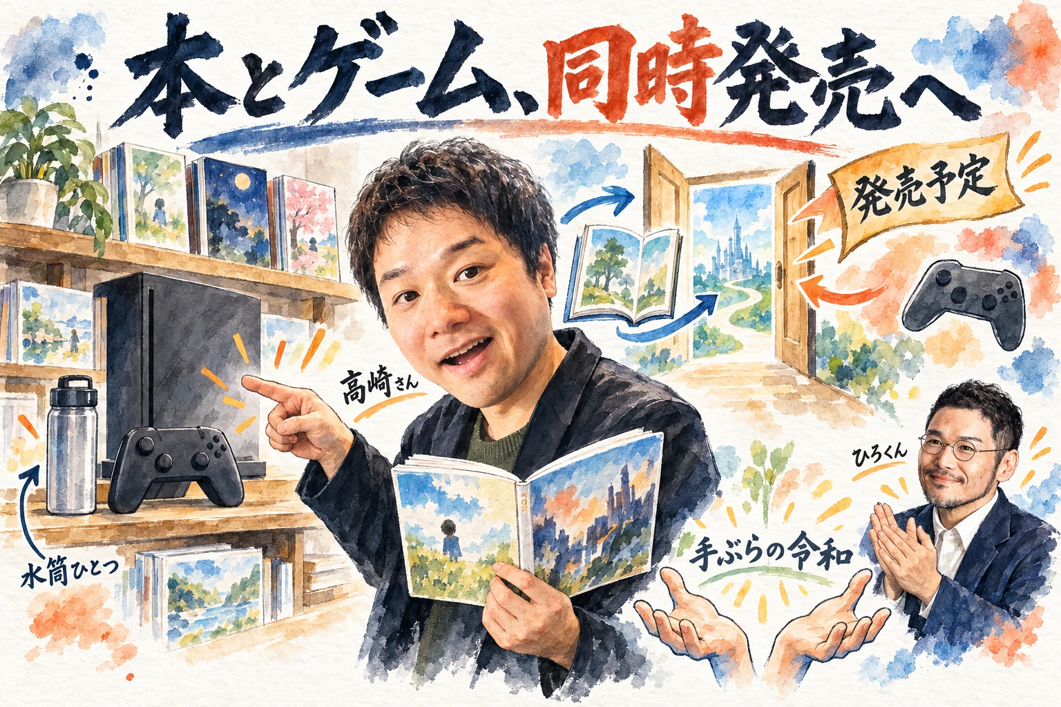 高崎さんが本とゲームのコントローラーを手に、本とゲームの同時リリースを紹介し、ひろくんが拍手するグラレコ