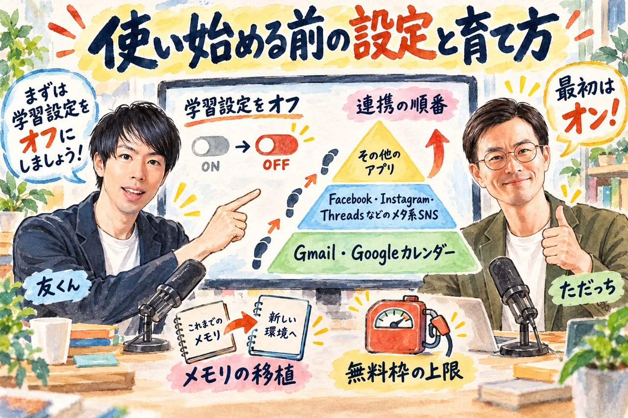 最初の設定｜友くんがモデル学習のオフ、つなぐ順番、権限の確認を説明し、ただっちが補足する場面