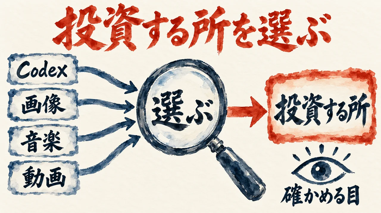Codex、画像、音楽、動画の四つの札から、選ぶ虫眼鏡を通って、投資する所の札に進み、確かめる目の絵が添えられた図解