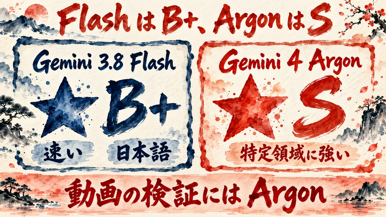 Gemini 3.8 Flash の B+ と Gemini 4 Argon の S を並べた図解