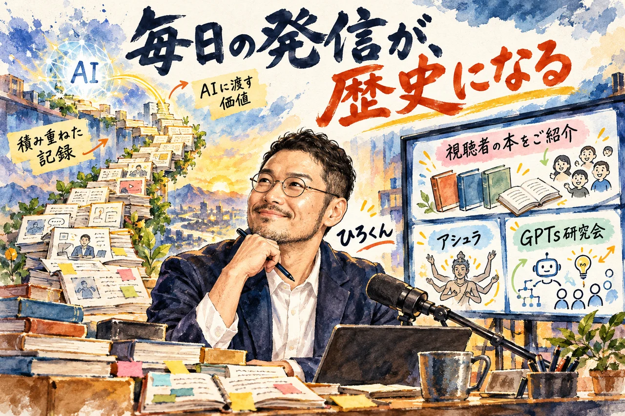 毎日の発信が歴史になり、AIが取ってつけられない価値になる｜ひろくんが積み上がった記録の山を、誇らしげに見上げる場面