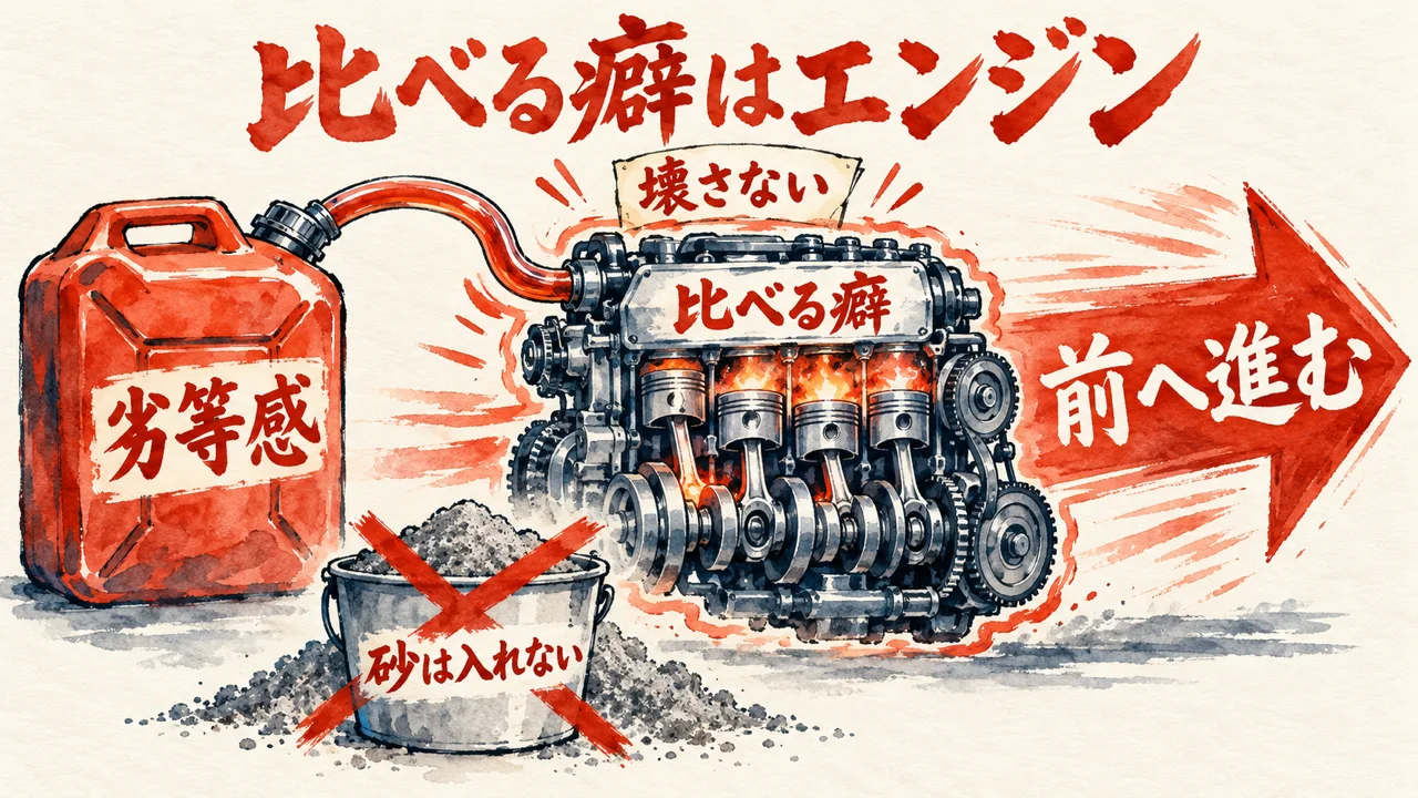 劣等感の給油缶から比べる癖のエンジンへ燃料が入り、前へ進む。砂のバケツには入れないとバツがついた図解