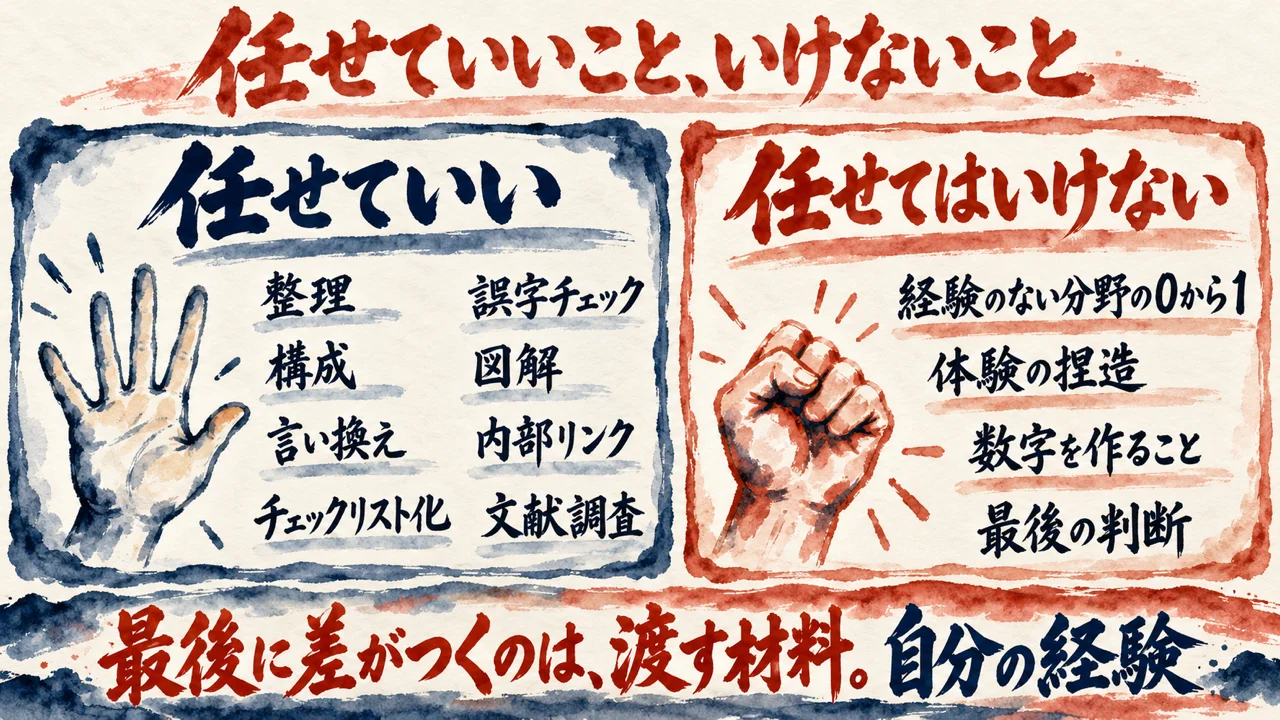 AIに任せていいことと、任せてはいけないことを、左右に分けて描いた水彩の図解