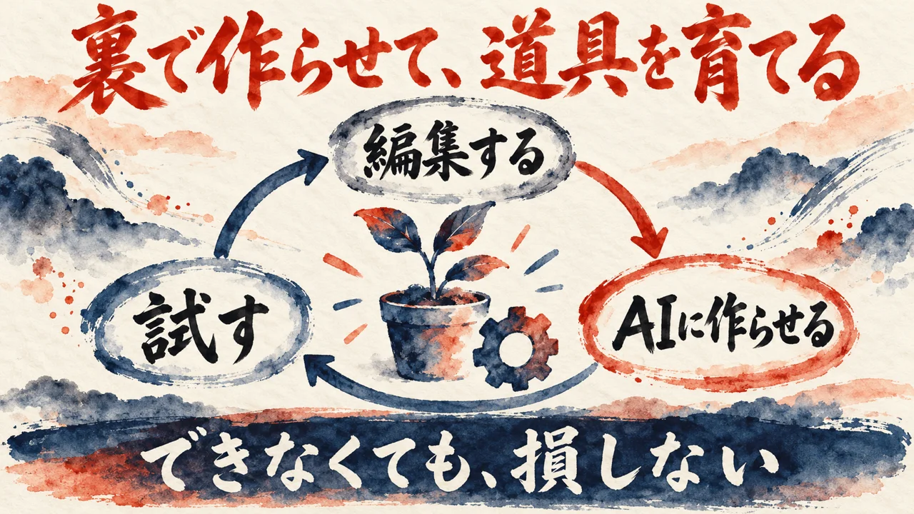 編集の裏でAIに機能を作らせる循環の図解