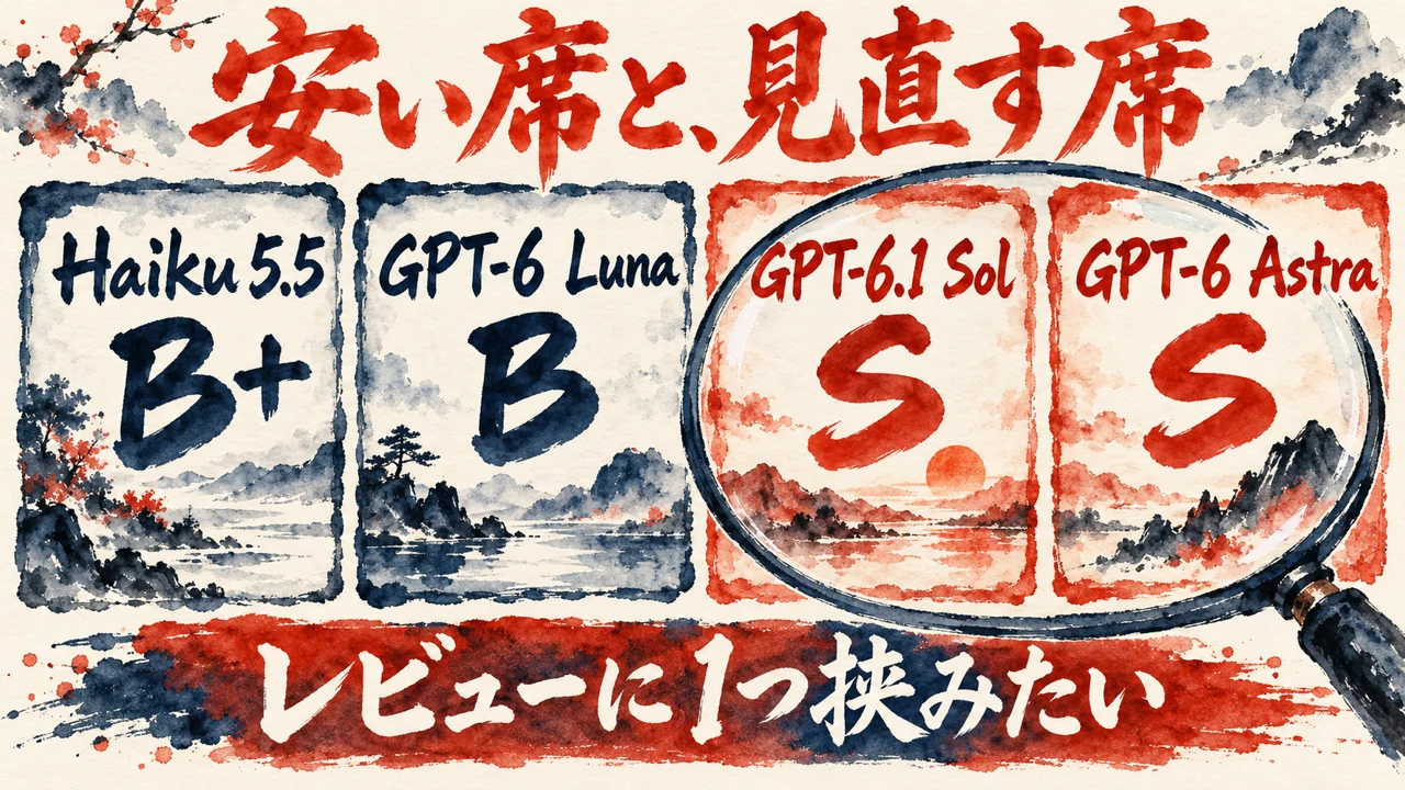 Haiku 5.5 と GPT-6 の Luna・Sol・Astra の段を並べた図解