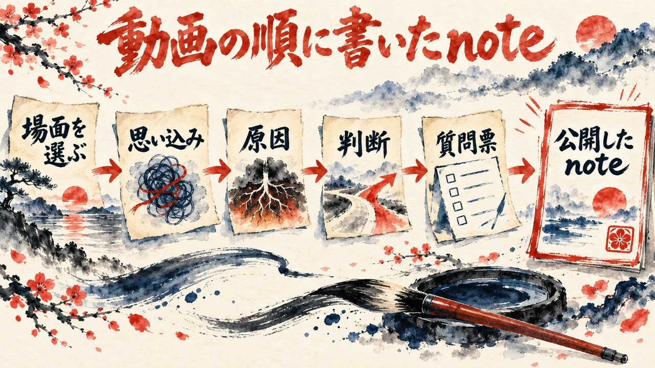 動画の5ステップの順に、出来事を選び、思い込み、原因、判断、6つの質問へと並べたnoteの流れを描いた水彩の図解