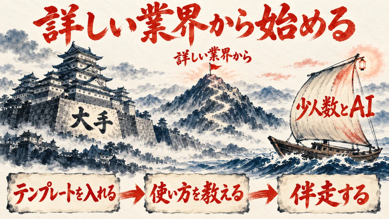 大きな城の大手と、灯りの付いた小さな帆船の少人数とAIを向かい合わせ、詳しい業界から始める旗と、テンプレートを入れて教えて伴走する三段の流れを置いた図解