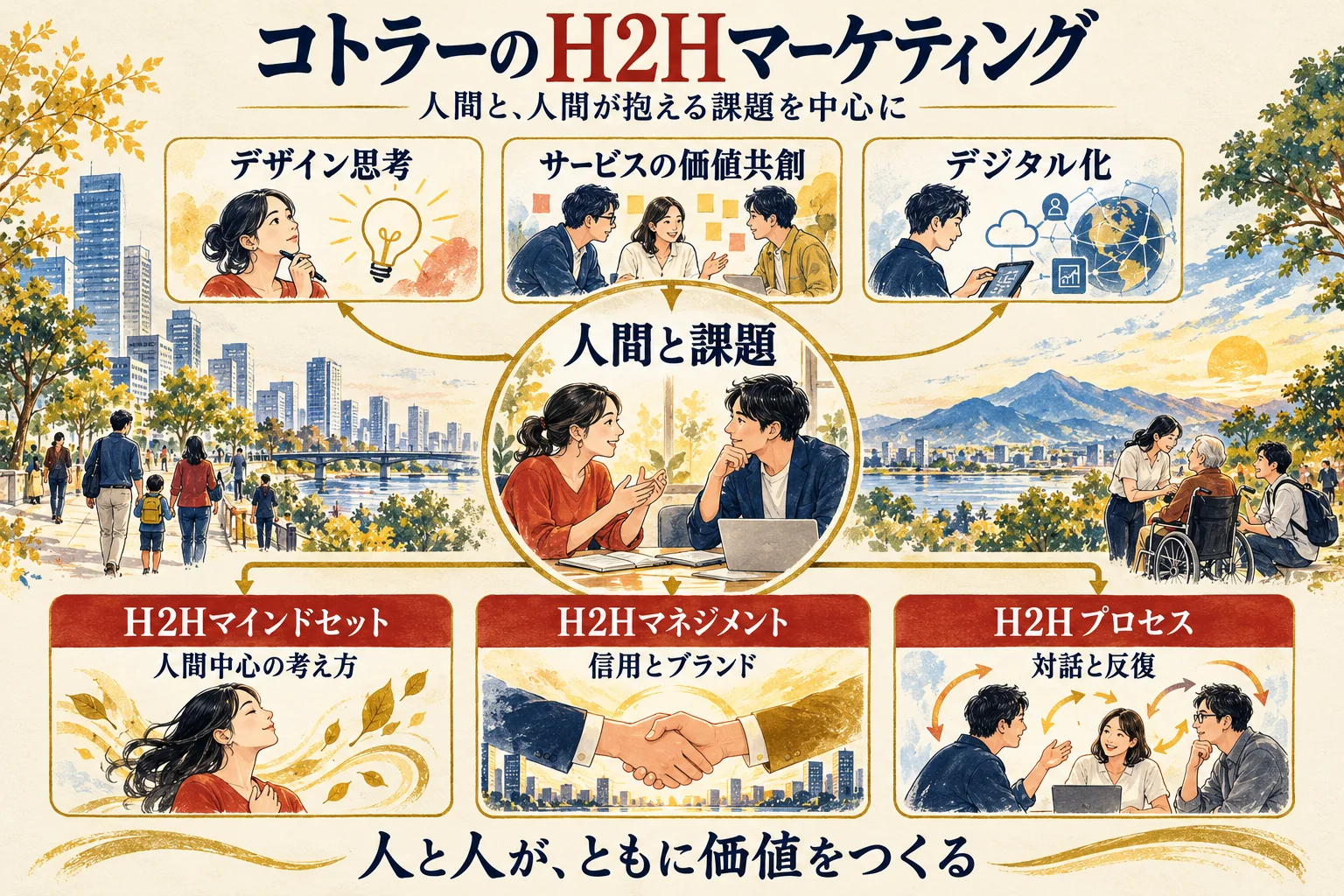 コトラーのH2Hマーケティングの全体像。中心に人間と課題、上にデザイン思考・サービスの価値共創・デジタル化、下にH2Hマインドセット・H2Hマネジメント・H2Hプロセス