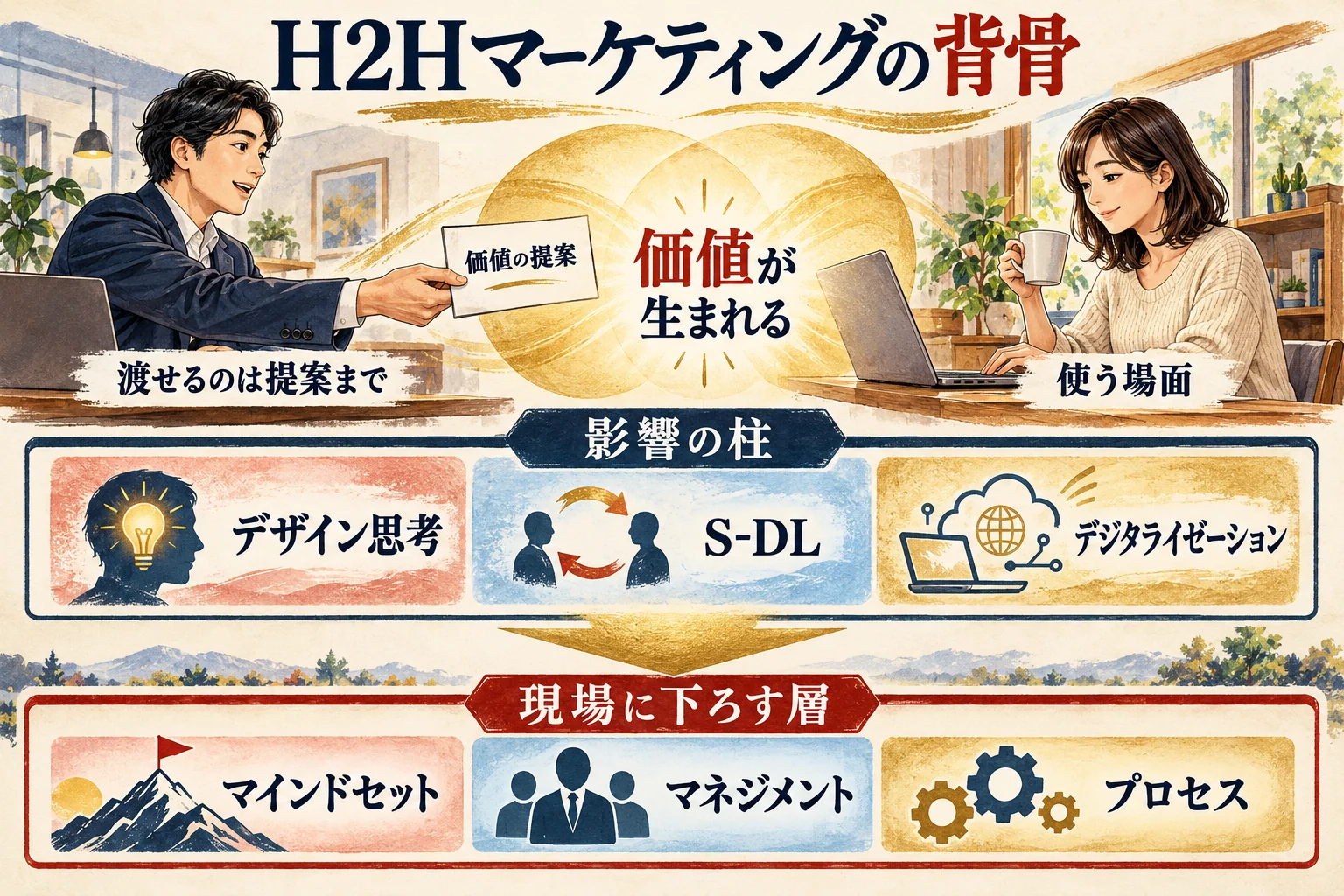 H2Hマーケティングの背骨。売り手が渡せるのは価値の提案までで、使う場面で価値が生まれる。下に影響の柱と現場に下ろす層の二層