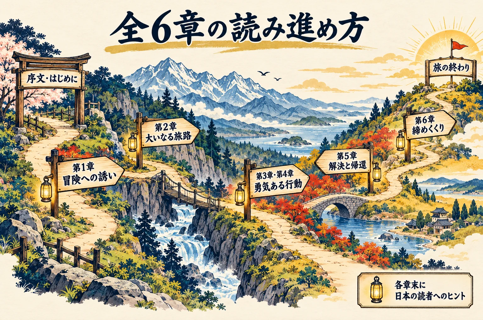 序文・はじめにから第6章、旅の終わりまでの読み進め方。各章末に日本の読者へのヒント