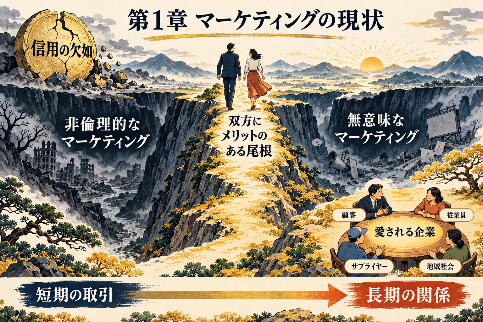 第1章。非倫理的なマーケティングと無意味なマーケティングの谷の間を、企業と顧客が双方にメリットのある尾根を歩く。愛される企業と、短期の取引から長期の関係へ