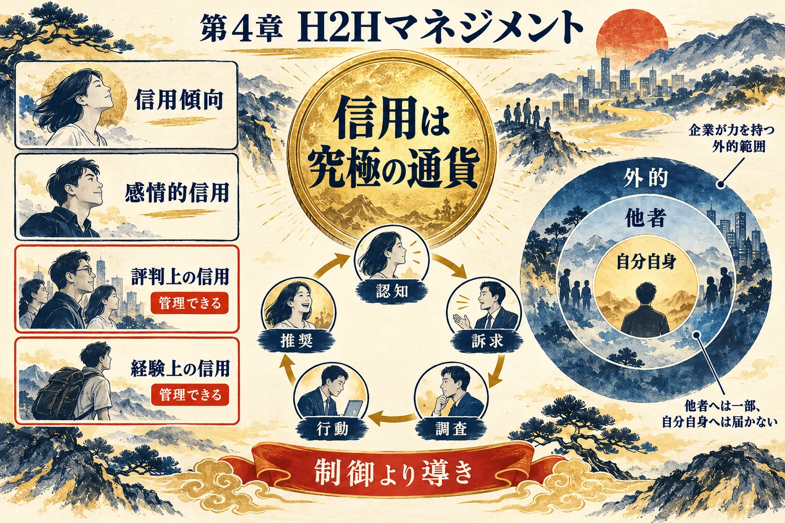 第4章。信用は究極の通貨。信用の4種のうち評判上と経験上が管理できる、5Aの循環、Oゾーン、制御より導き