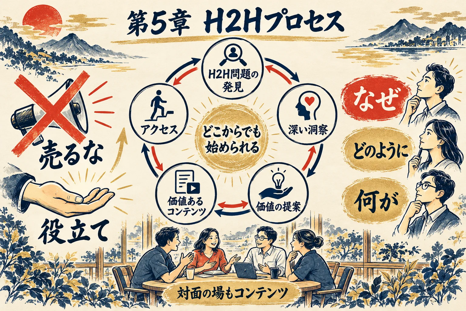 第5章。H2Hプロセスの5段階の循環。どこからでも始められる、売るな役立て、なぜから始める、対面の場もコンテンツ