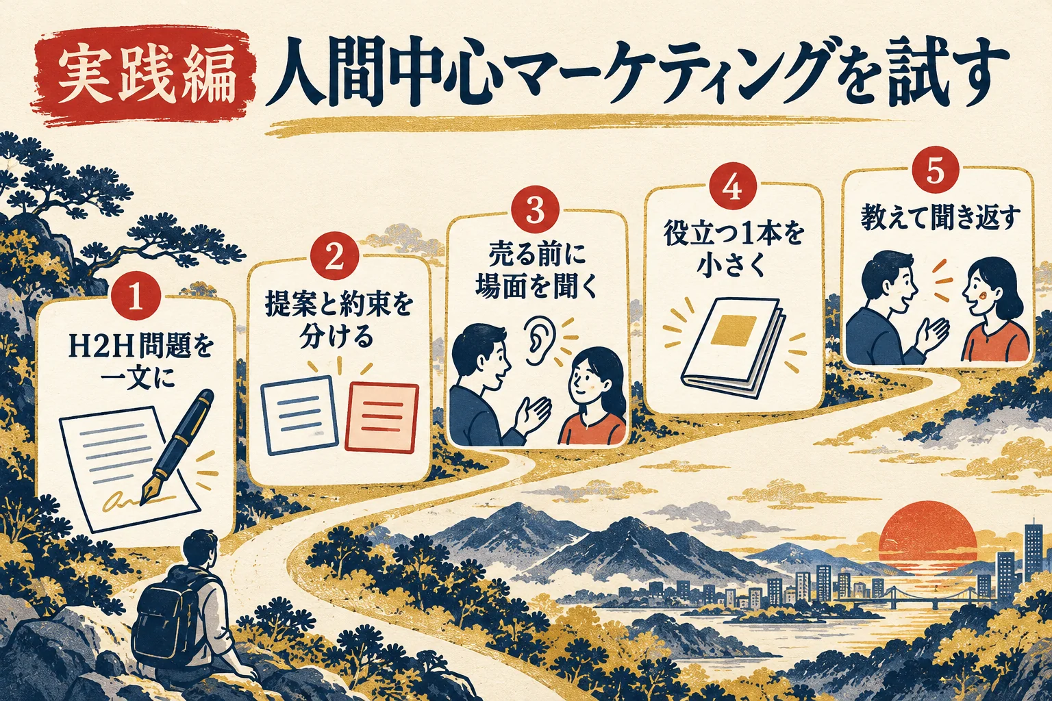 実践編の5ステップ。H2H問題を一文に、提案と約束を分ける、売る前に場面を聞く、役立つ1本を小さく、教えて聞き返す