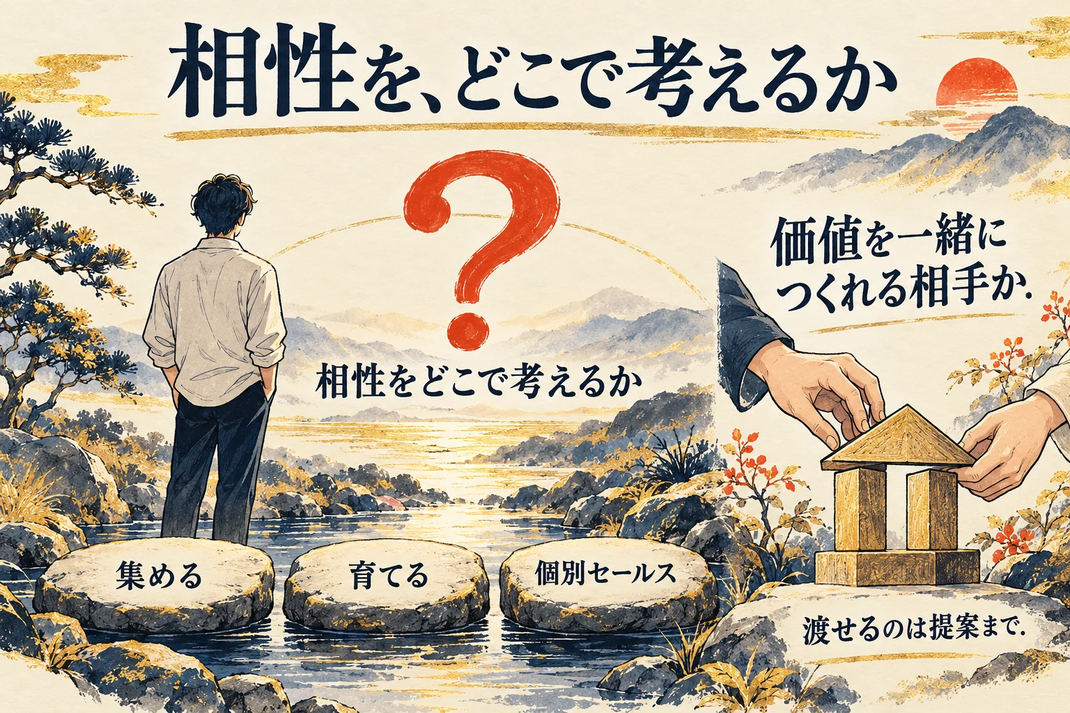 集める・育てる・個別セールスと並んだ石を見渡す人と、流れ全体の上に置かれた、相性をどこで考えるかという問い。右に、価値を一緒につくれる相手かという問い