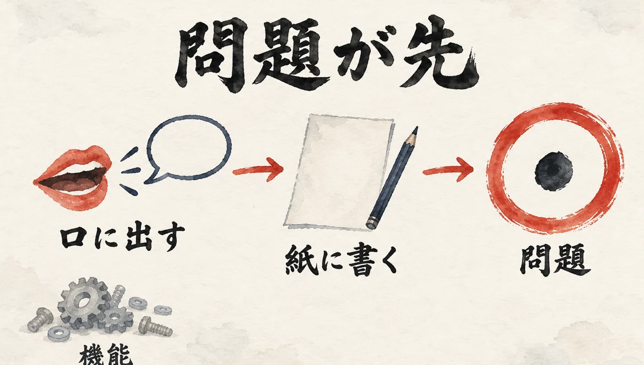 機能の前に、解く問題を口に出して紙に書き、問題をはっきりさせる流れを示した図解