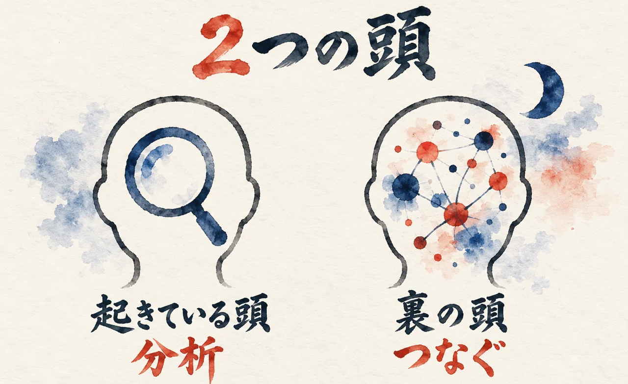 分析が得意な起きている頭と、点をつなぐのが得意なバックグラウンドの頭を並べた図解