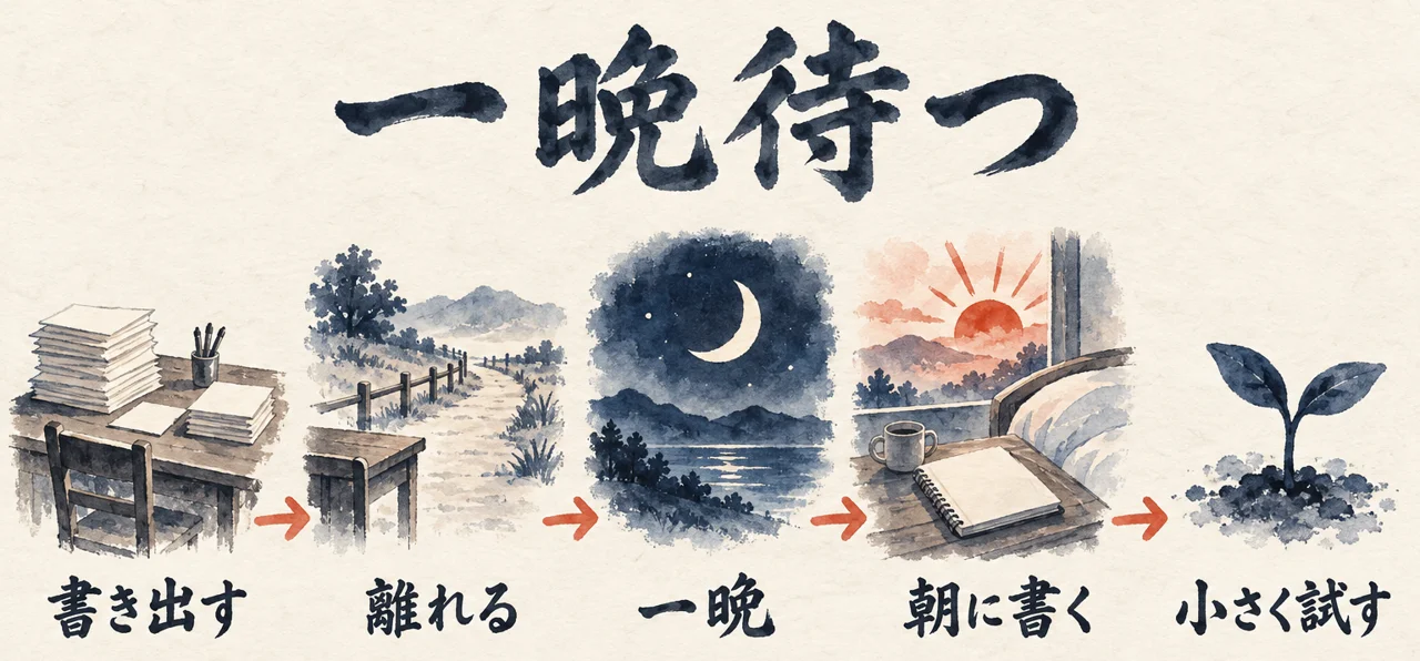 書き出す、離れる、一晩、朝に書く、小さく試す、の5つの場面を順に並べた図解