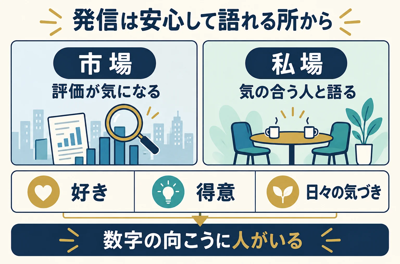 第1〜2章の図。広い市場と安心して語る私場を比べ、好き・得意・日々の気づきから発信を始める