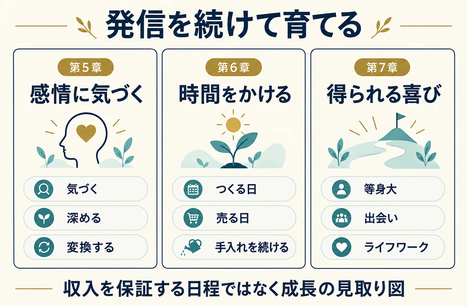 第5〜7章の図。感情を行動に変え、つくる時間と売る時間を分けて育て、出会いやライフワークへつながる