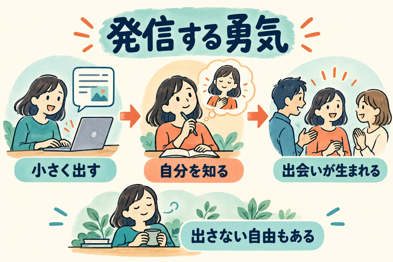 『発信する勇気』全体図。小さく出す、自分を知る、出会いが生まれるという流れと、出さない自由を一緒に示す