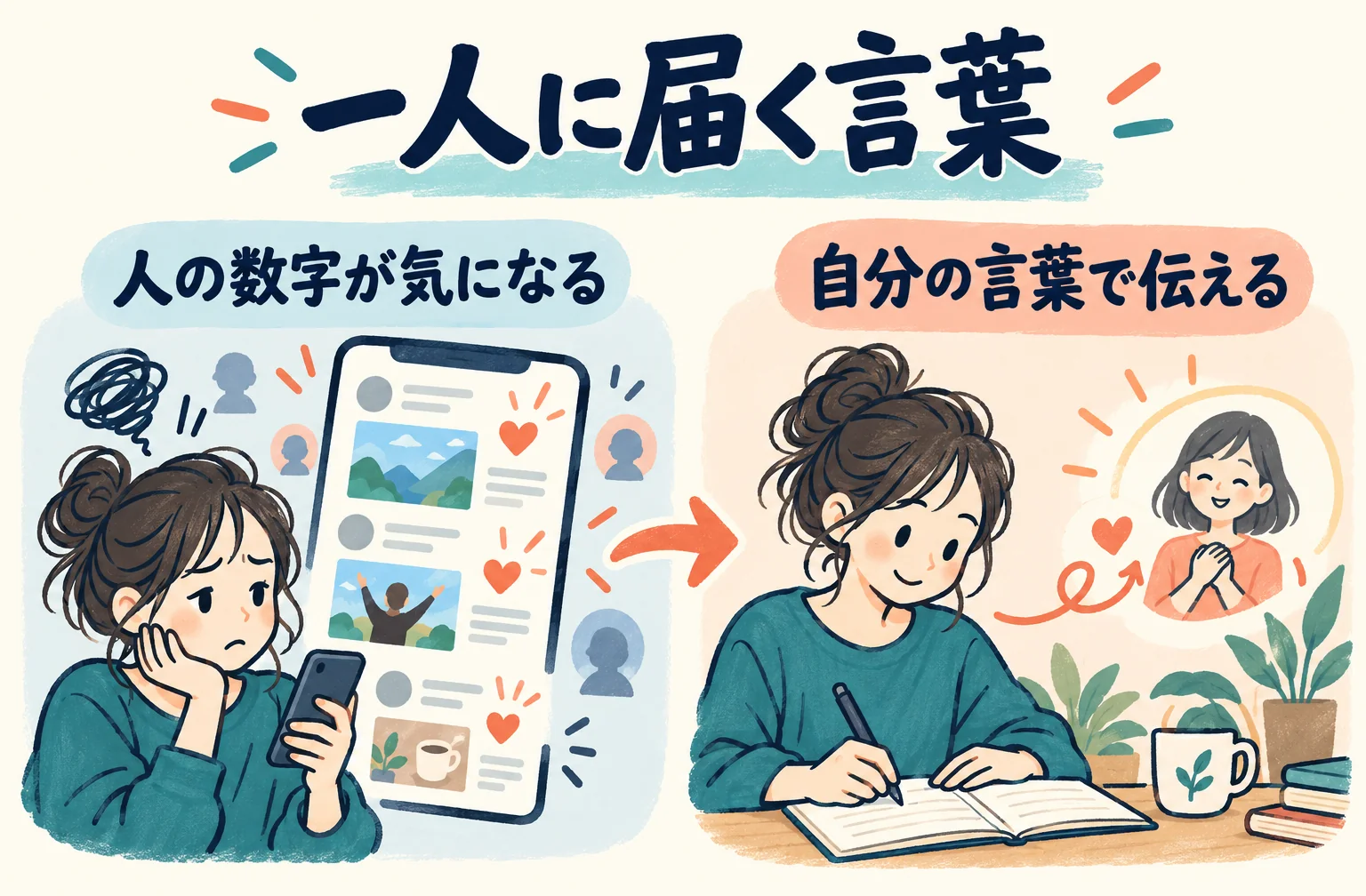 SNSで他人と比べる画面と、自分の言葉で一人へ伝える画面を並べた図