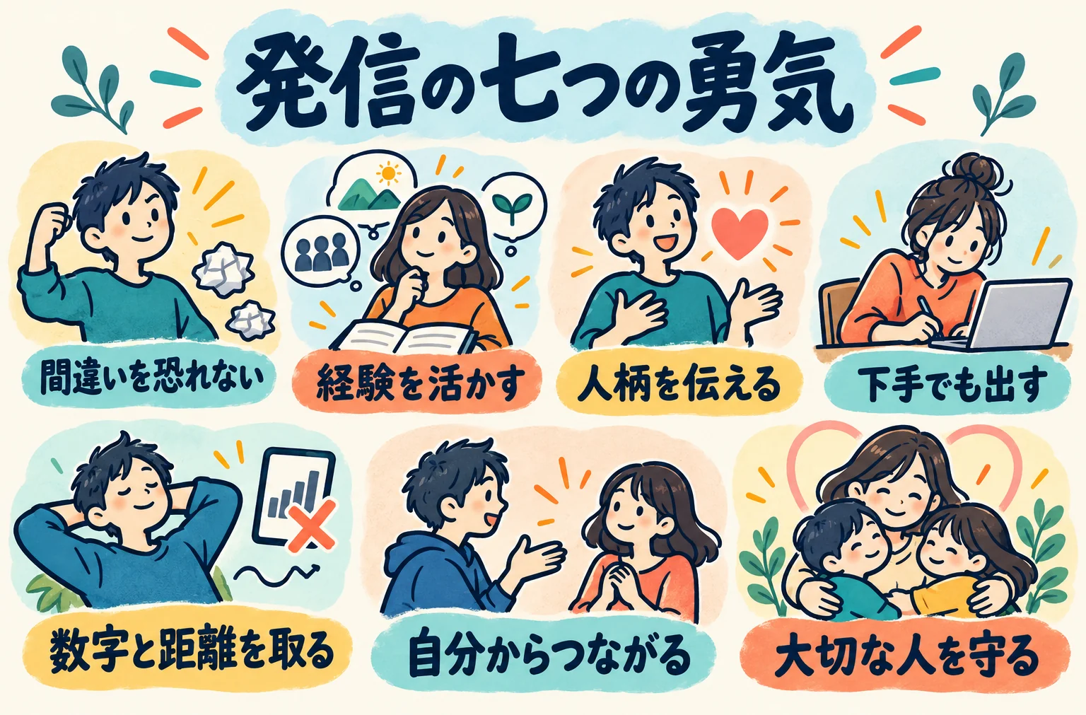 発信の七つの勇気。間違いを恐れない、経験を活かす、人柄を伝える、下手でも出す、数字と距離を取る、自分からつながる、大切な人を守る