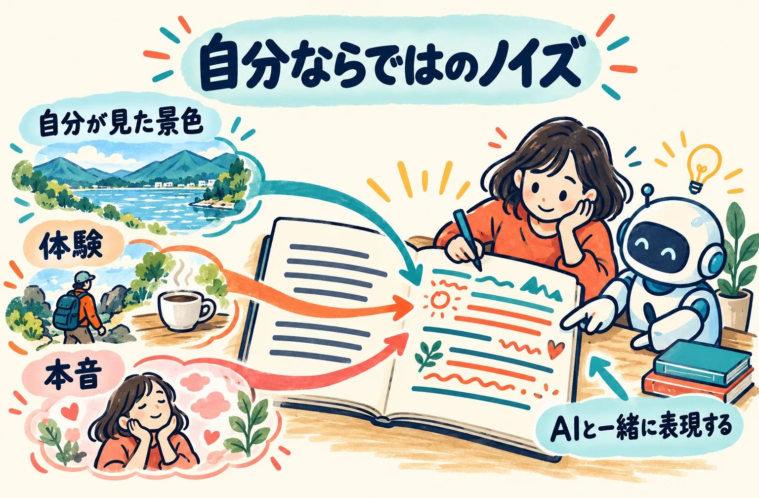 同じ形の整った文章の横に、自分が見た景色・体験・本音の色が入る文章を描いた図