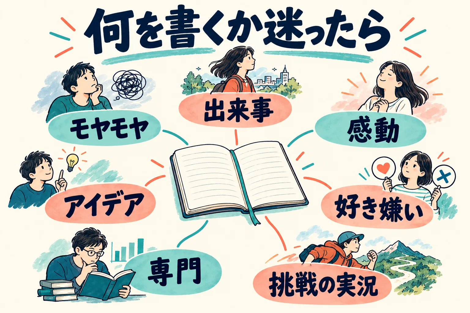 出来事、モヤモヤ、感動、アイデア、好き嫌い、専門、挑戦の実況という七つの発信テーマをノートの周囲へ並べた図