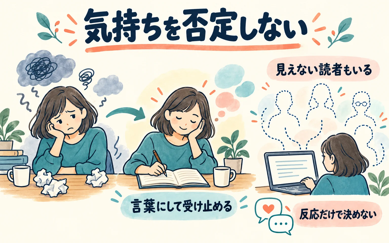 書けない気持ちを言葉にして受け止める様子と、画面には見えない読者を点線で示す図