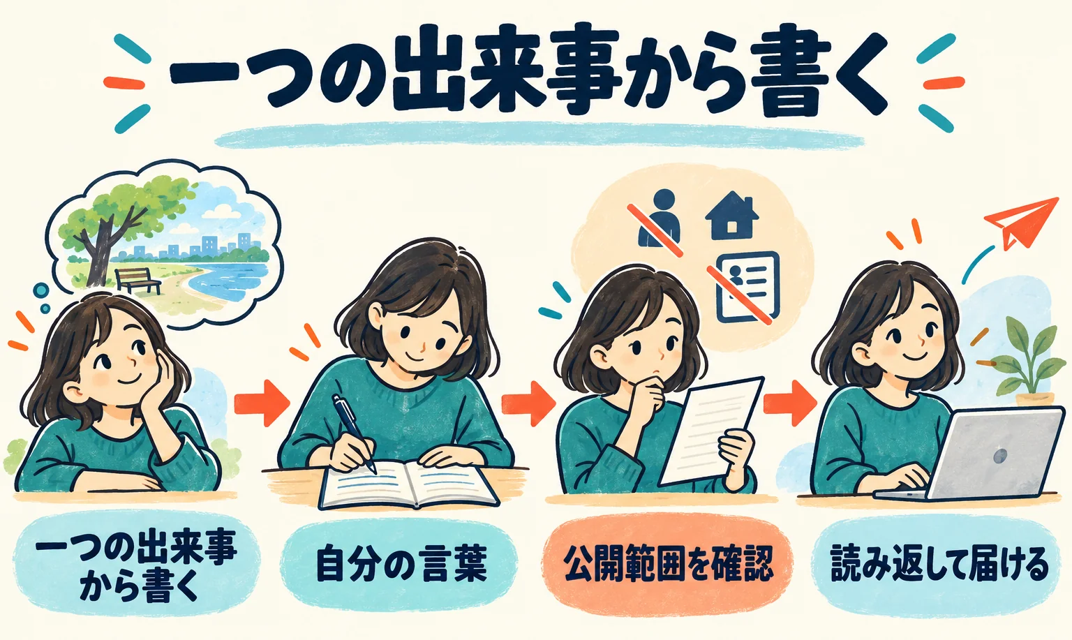 一つの出来事を選び、自分の言葉を書き、出さない情報を確かめてから届ける実践図