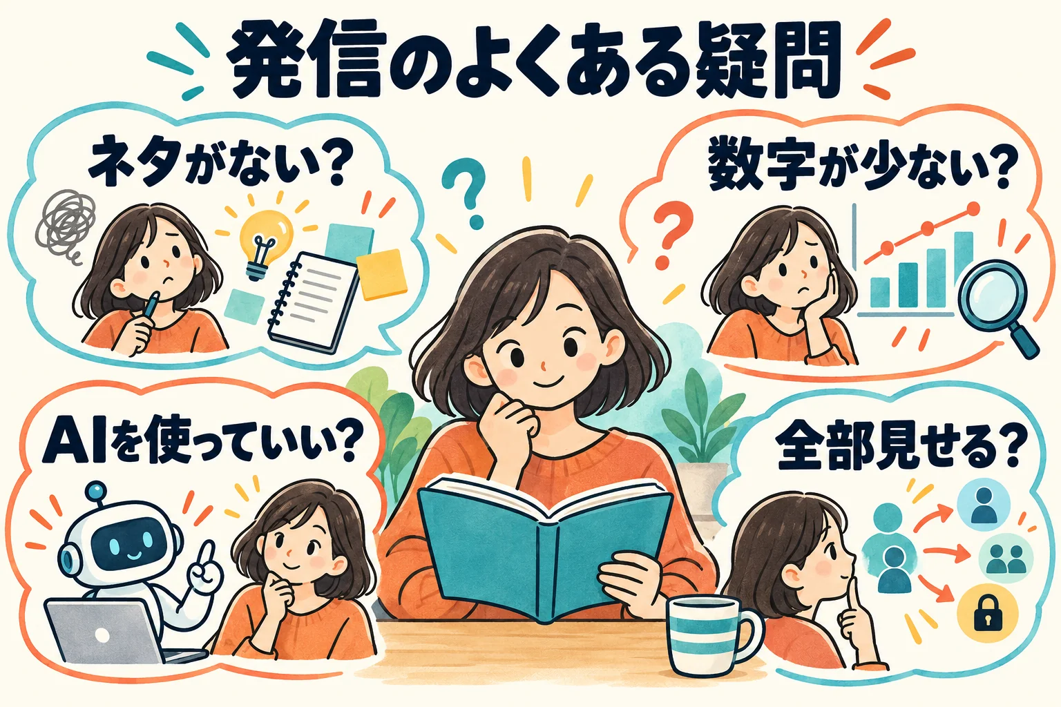 ネタ、数字、AI、公開範囲について、本を開いた読者が考える四つの問いを並べた図