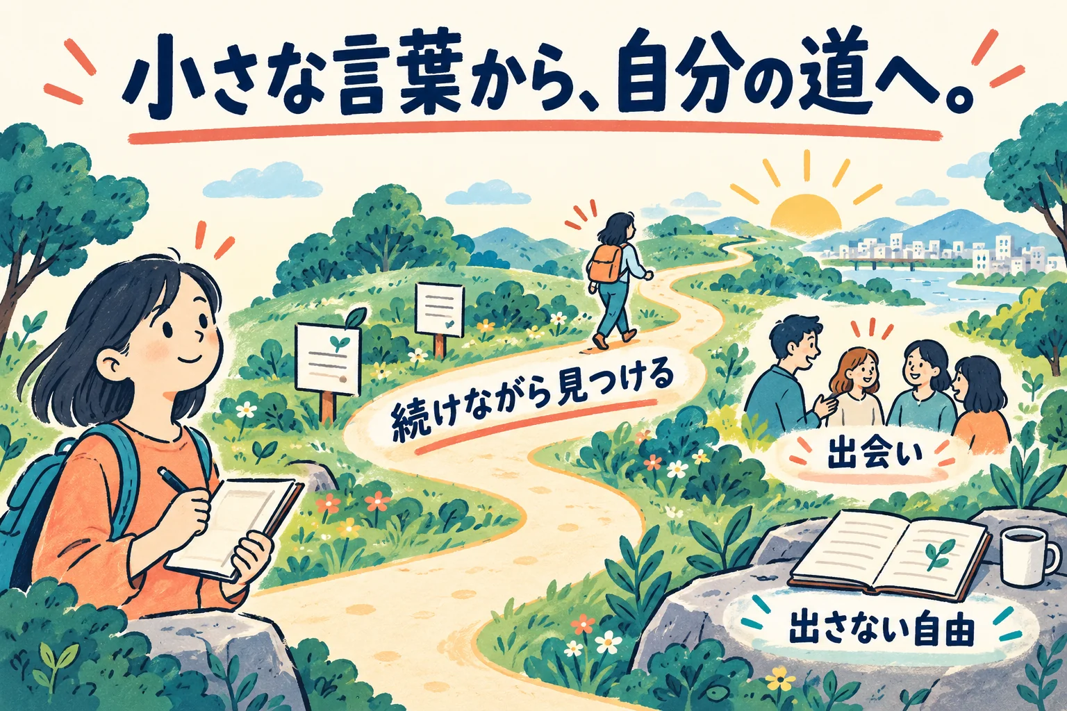 小さな発信から自分だけの道が伸び、途中に会話と出会いがある風景。出さない自由も道のそばに置く