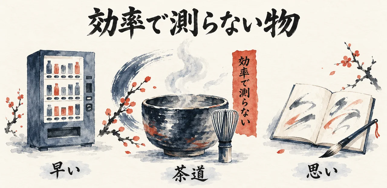 自動販売機の「早い」、湯気の立つ茶碗の「茶道」、筆と紙のノートの「思い」が並び、朱色の札「効率で測らない」が添えられた図解