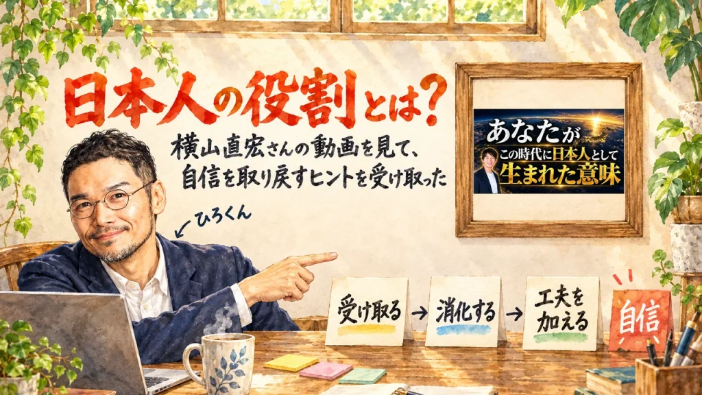 ひろくんが机の前で、「受け取る」「消化する」「工夫を加える」の札を指さすアイキャッチ。右上の額縁に動画のサムネイル。題字は「日本人の役割とは？」